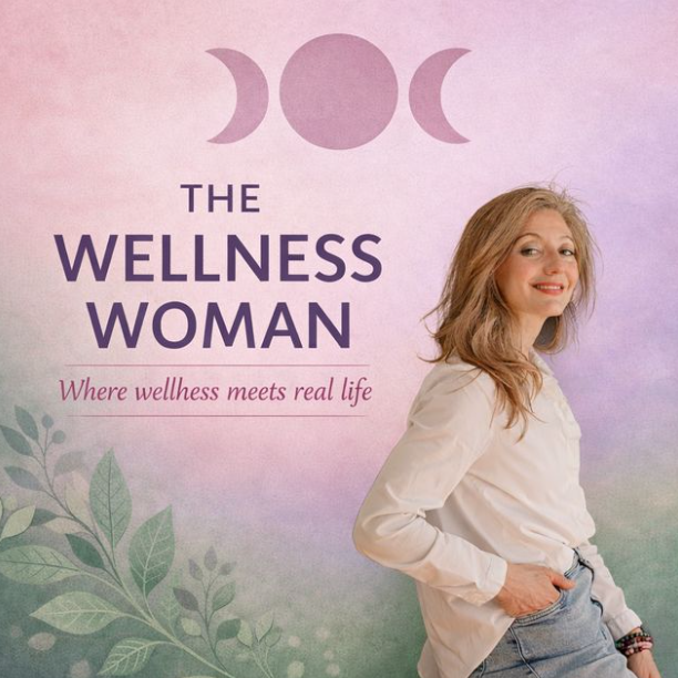 The Wellness Woman logo with a woman smiling, surrounded by a pastel background and leaf designs.